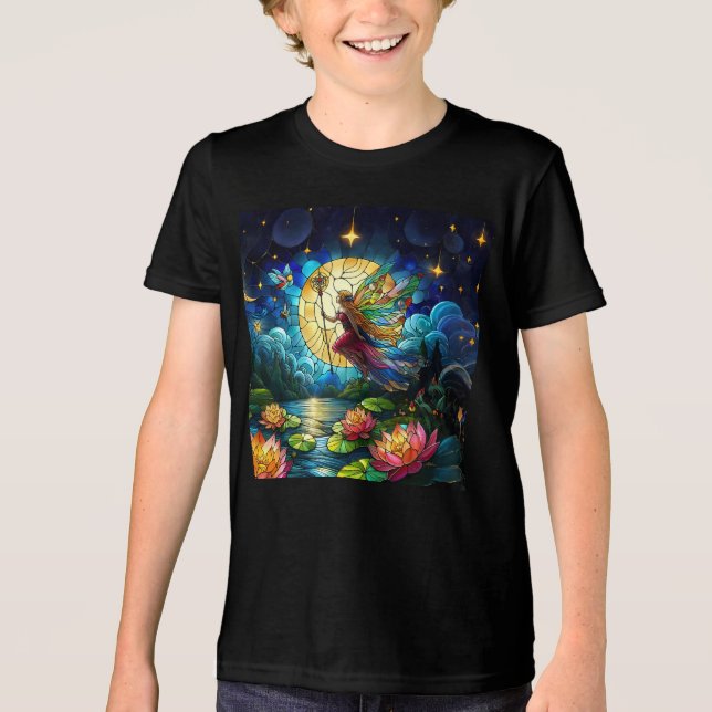 Stained Glass Moonlight Flight Fairy  T Shirt (Framsida)