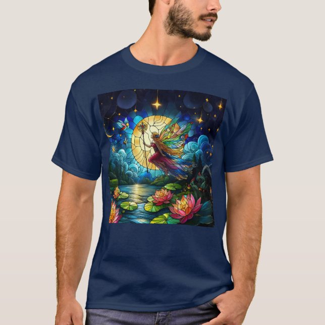 Stained Glass Moonlight Flight Fairy  T Shirt (Framsida)