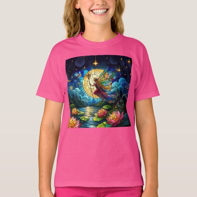 Stained Glass Moonlight Flight Fairy  T Shirt (Framsida)