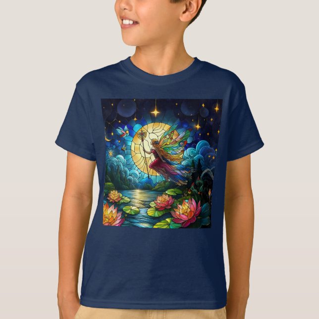 Stained Glass Moonlight Flight Fairy  T Shirt (Framsida)
