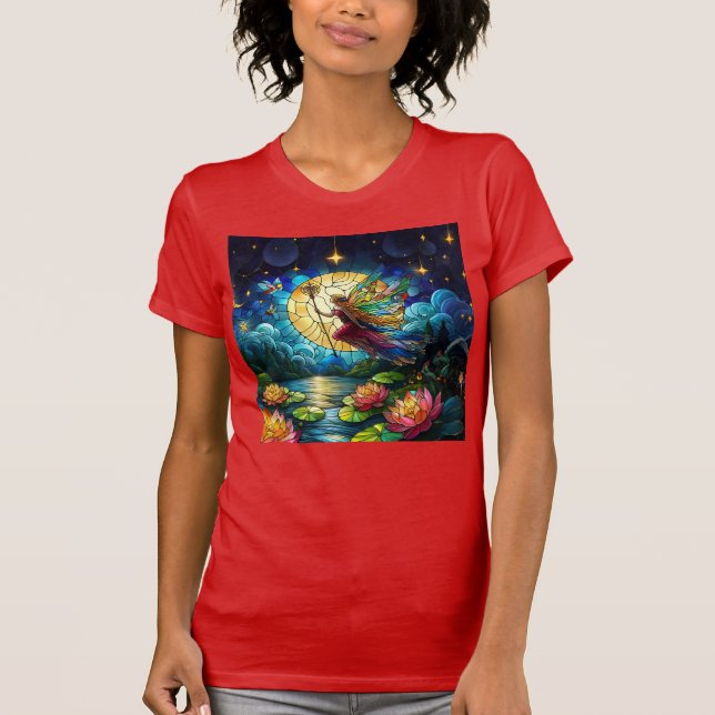 Stained Glass Moonlight Flight Fairy  T Shirt (Framsida)