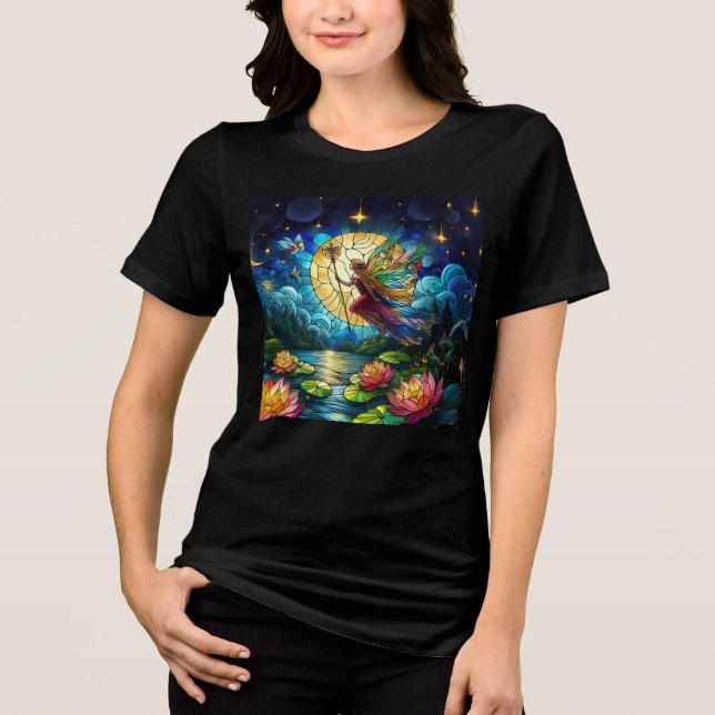 Stained Glass Moonlight Flight Fairy  T Shirt (Framsida)