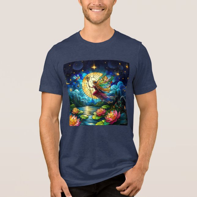 Stained Glass Moonlight Flight Fairy  T Shirt (Framsida)