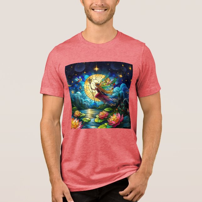 Stained Glass Moonlight Flight Fairy  T Shirt (Framsida)