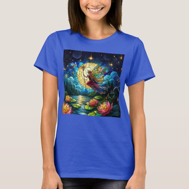 Stained Glass Moonlight Flight Fairy  T Shirt (Framsida)