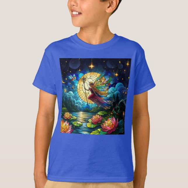 Stained Glass Moonlight Flight Fairy  T Shirt (Framsida)