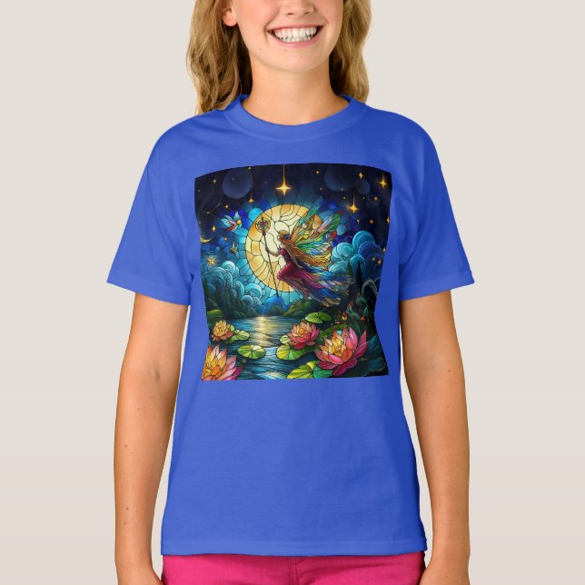 Stained Glass Moonlight Flight Fairy  T Shirt (Framsida)