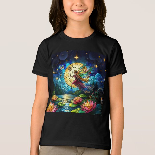 Stained Glass Moonlight Flight Fairy  T Shirt (Framsida)