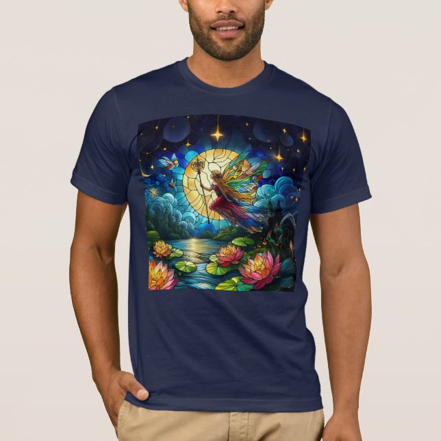 Stained Glass Moonlight Flight Fairy  T Shirt (Framsida)