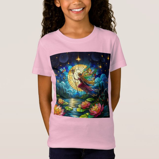 Stained Glass Moonlight Flight Fairy  T Shirt (Framsida)