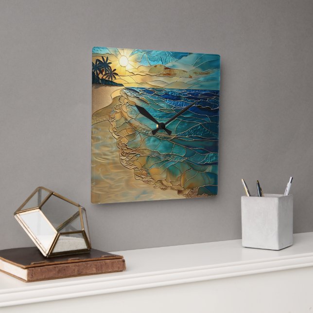 Stained Glass Ocean Beach Wall Clock Fyrkantig Klocka (Kontor)