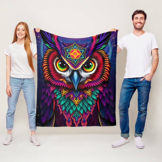Stained Glass Owl Art: Geometric Jewel Tones Fleecefilt (På plats)