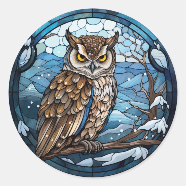 Stained Glass Owl Runt Klistermärke (Framsida)