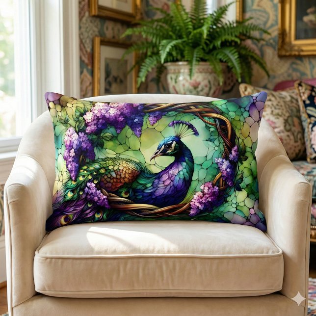 Stained Glass Peacock Floral Wreath Art Lumbarkudde (Stained Glass Peacock Floral Wreath Art Lumbar Pillow Mockup A)