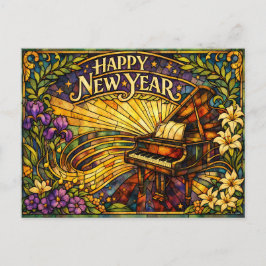 Stained Glass Piano Floral New Year Helg Vykort