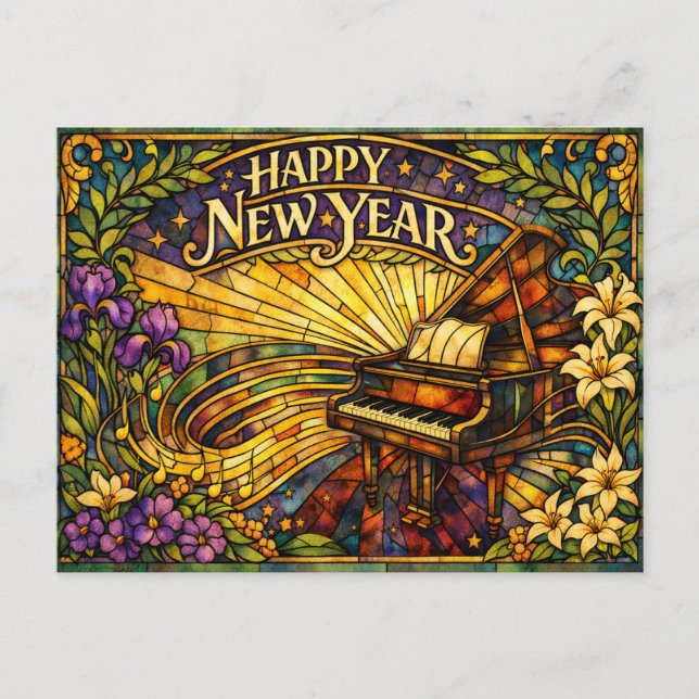 Stained Glass Piano Floral New Year Helg Vykort (Framsida)