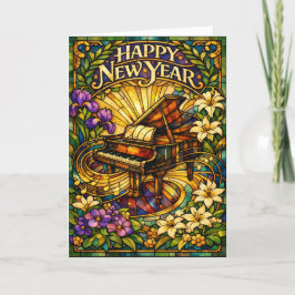 Stained Glass Piano Floral New Year Helgkort