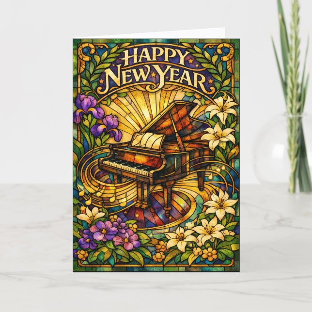 Stained Glass Piano Floral New Year Helgkort (Framsida)