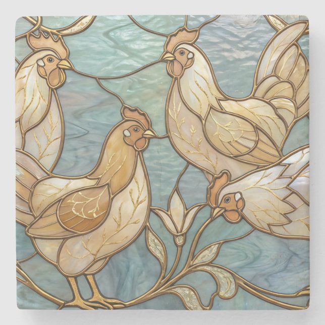 Stained Glass Roosters Elegant Chicken Farmhouse Stenunderlägg (Framsidan)