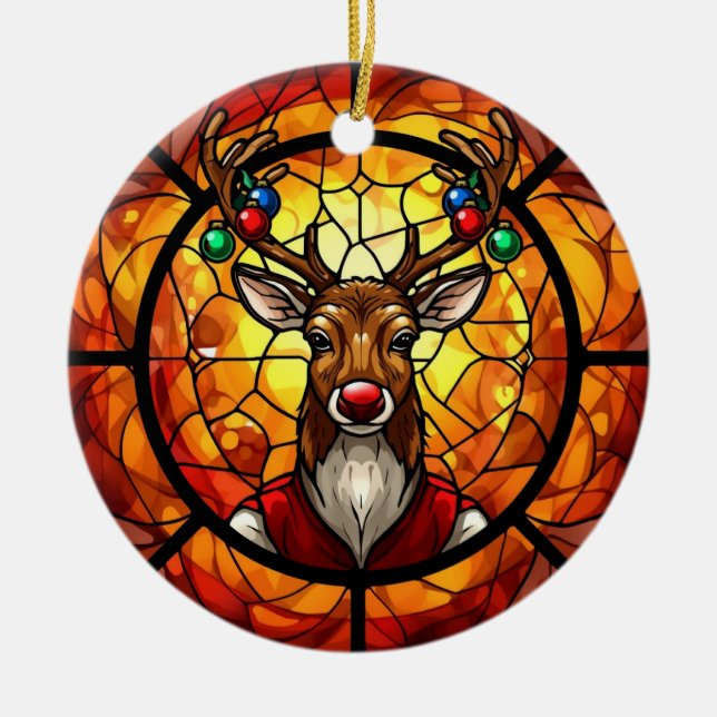 Stained Glass Rudolph Reindeer Julgransprydnad Keramik (Framsidan)