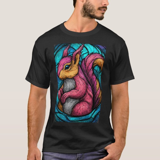 Stained-Glass Squirrel – Teal & Magenta Woodland A T Shirt (Framsida)
