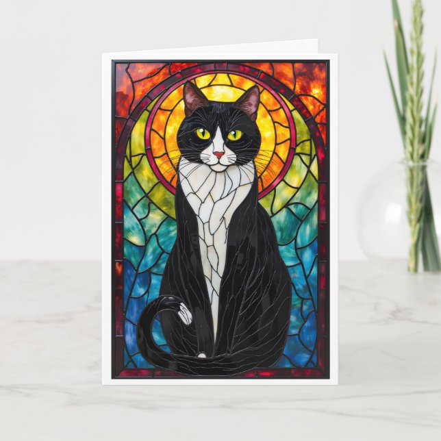Stained Glass Style Black and White Tuxedo Cat Kort (Framsida)