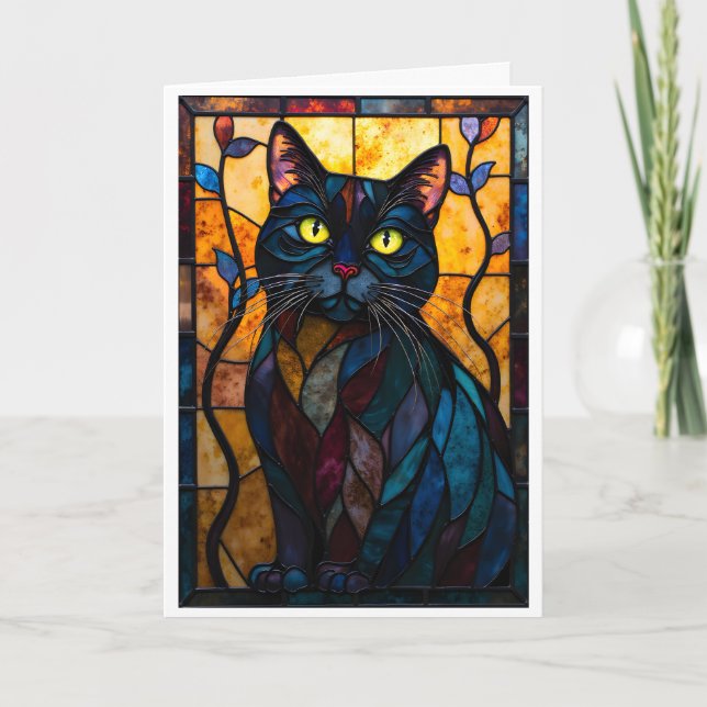 Stained Glass Style Black Cat with Leaves Kort (Framsida)