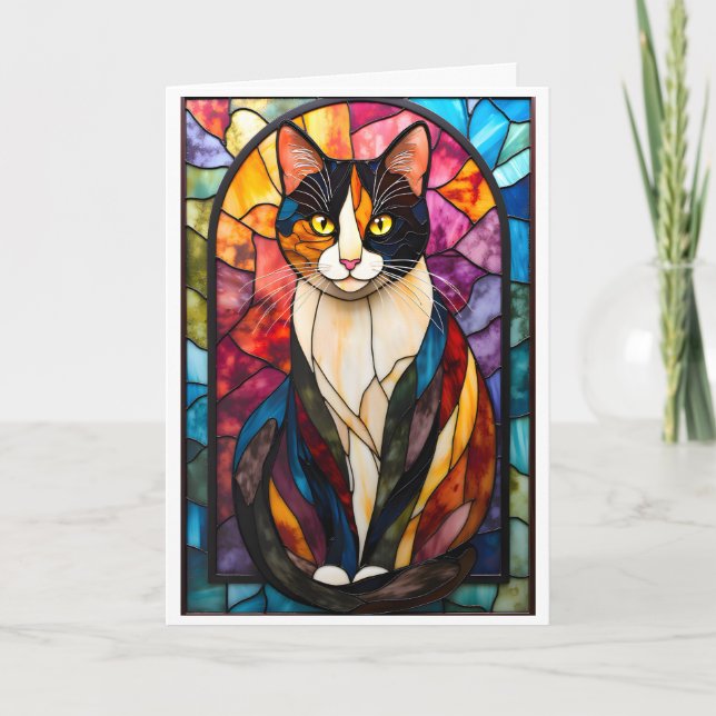 Stained Glass Style Charming Calico Cat Kort (Framsida)