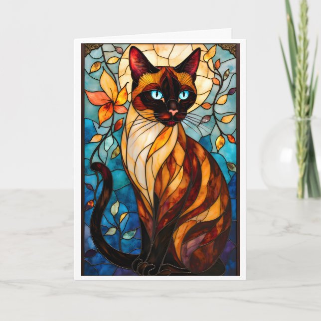 Stained Glass Style Charming Cat with Blue Eyes Kort (Framsida)