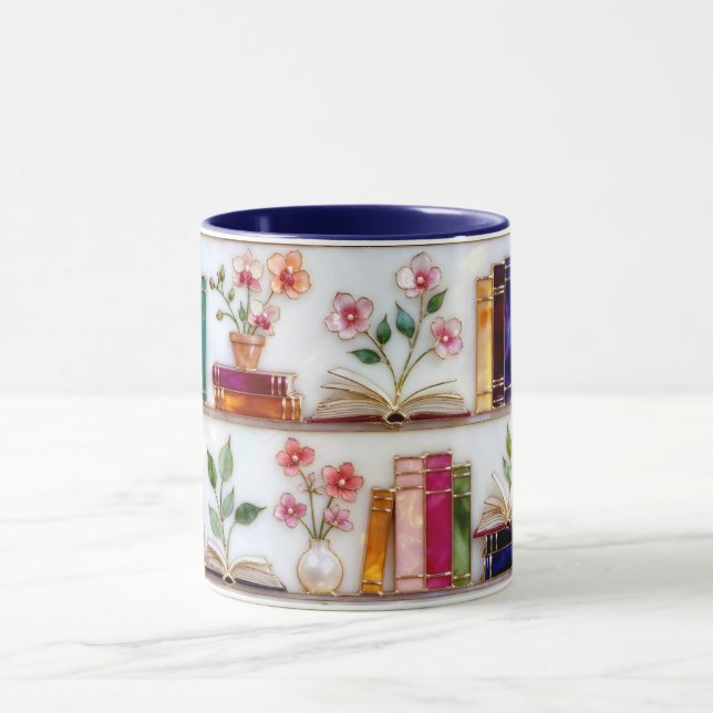 Stained Glass Style Floral Bookshelf Mug Mugg (Center)