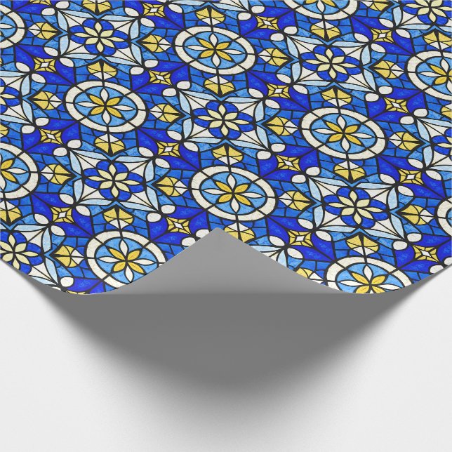 Stained Glass Style Shades of Blue and Yellow Presentpapper (Hörn)