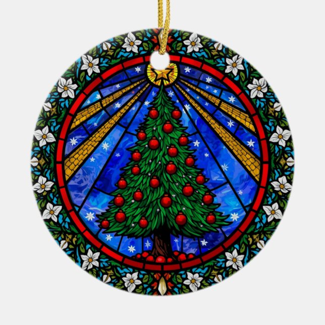 Stained Glass Träd & Blommig Kant Julgransprydnad Keramik (Framsidan)