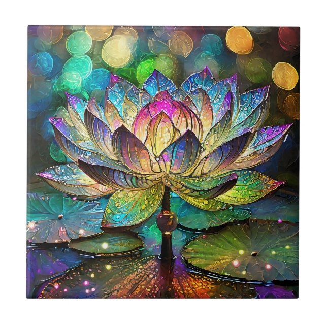 Stained Glass Vibrant Lotus Flower Kakelplatta (Framsidan)