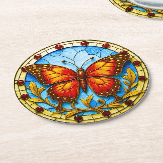Stained glass window butterfly underlägg papper rund (Vinklad)
