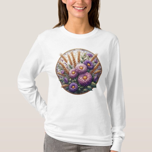 STAINERADE GLASSIFICERADE LILA FALL ASTER FLOWERS T SHIRT (Framsida)