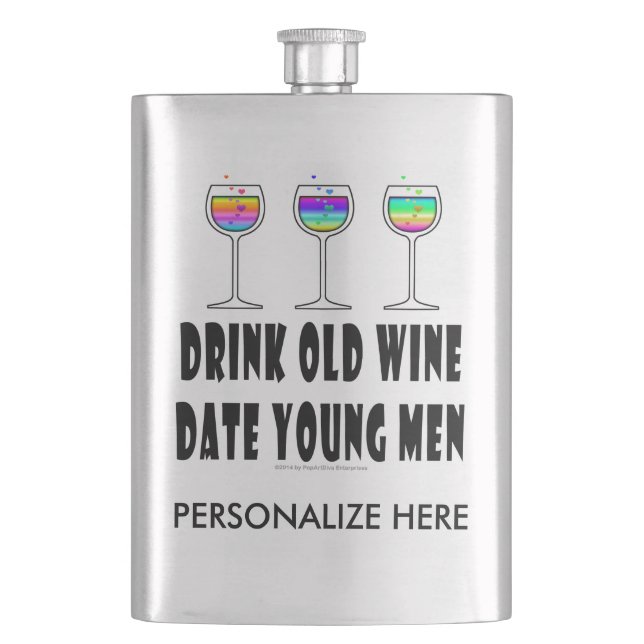 STAINLESS FLASK - DRINK GAMLA VIN, DATUM YOUNG MAN FICKPLUNTA (Framsidan)