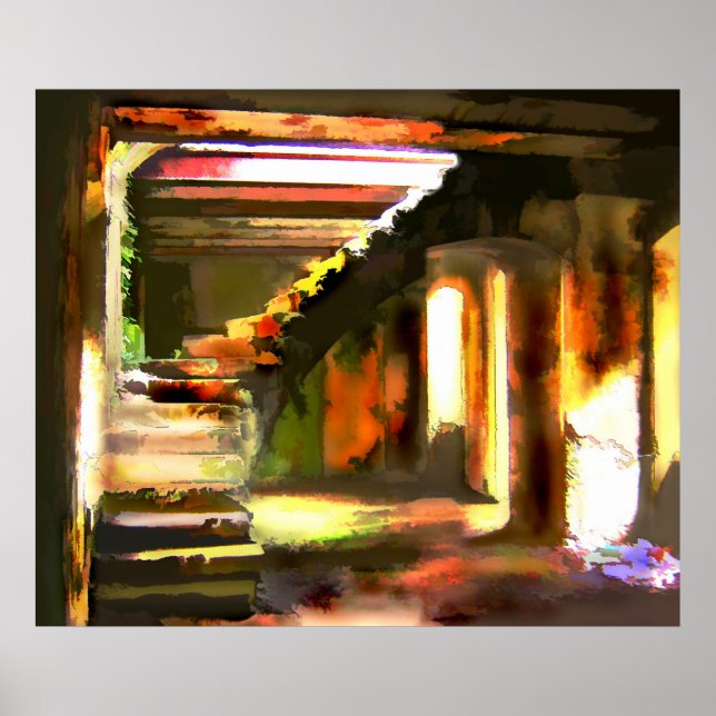 Stairway till en tom basement poster (Framsidan)