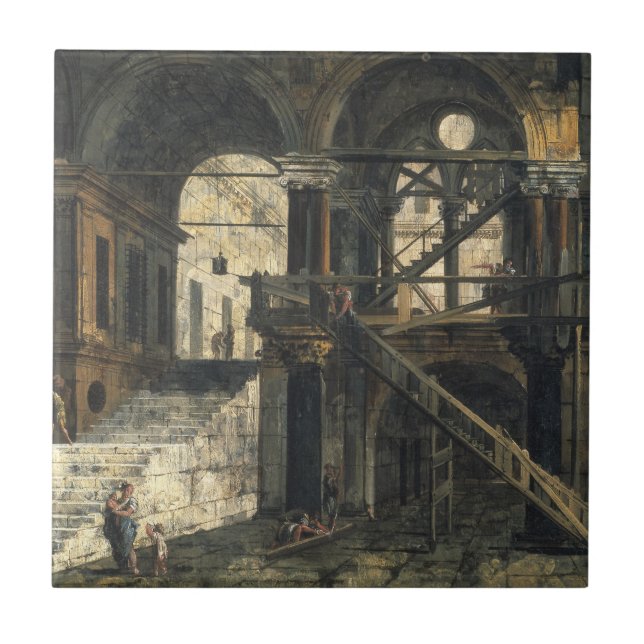 Stairwell i ett renaissancehus, c.1741-42 kakelplatta (Framsidan)