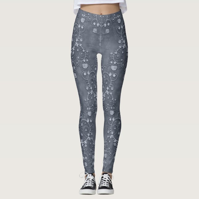 Stål/tenn grå och ljusgrå blomdamast leggings (Framsida)