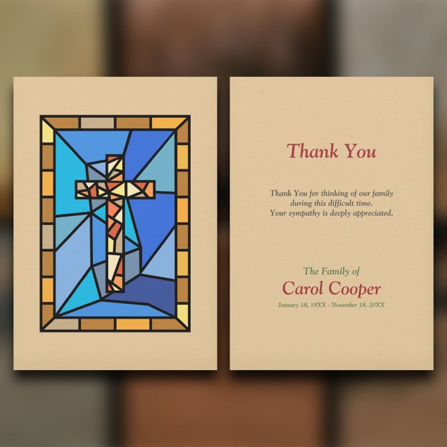 Stålat glas, Kor, funktionellt tackkort Tack Kort (Stained Glass Cross Funeral Thank You Card)