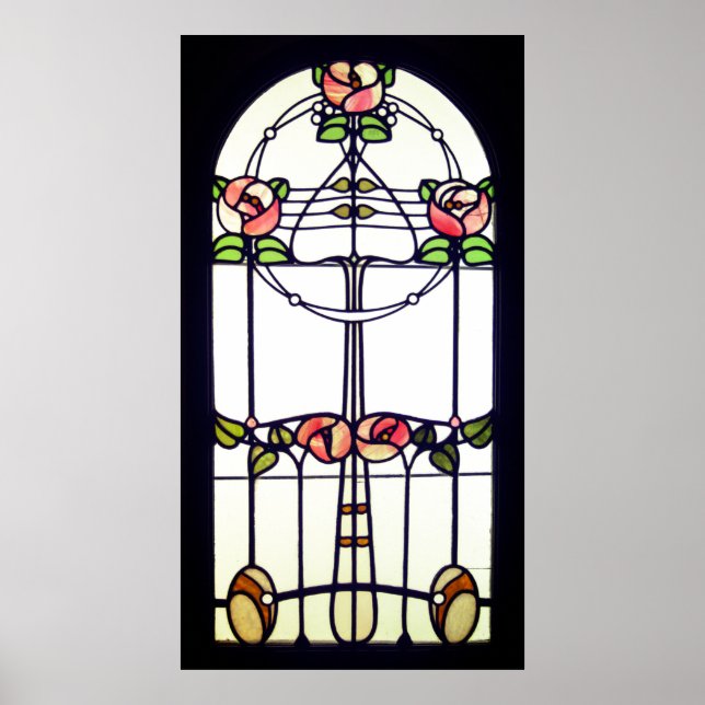 Stålat glasutseende art nouveau blommigt fönster poster (Framsidan)