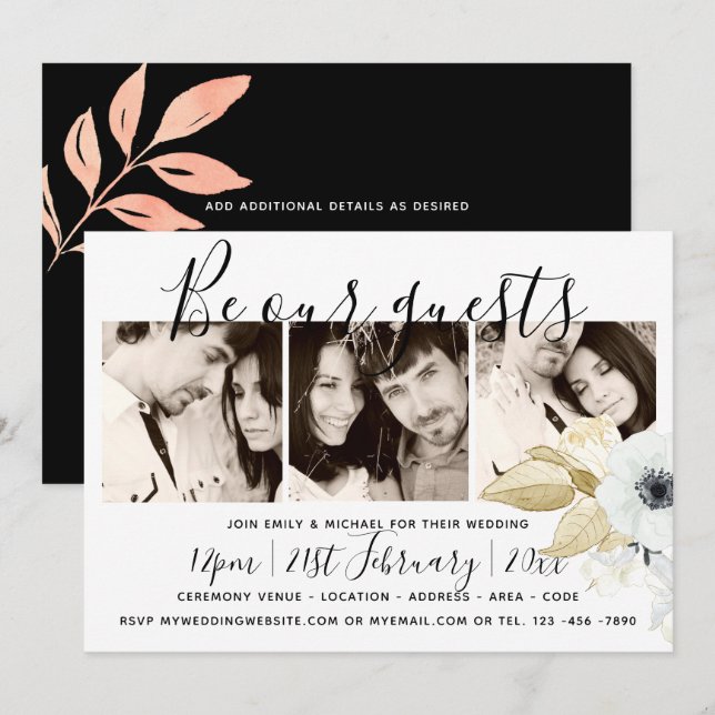 Stålblå foton x 3 Moderna handskrivna bröllop Inbjudningar (Fram/baksida)