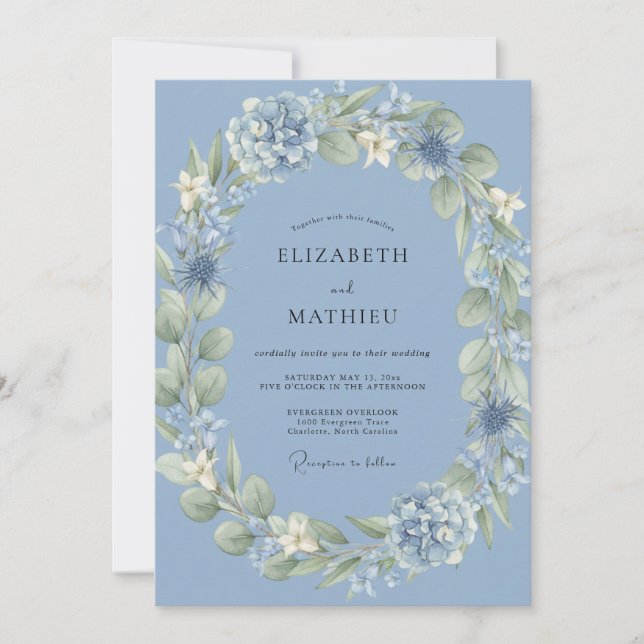 Stålblå Hydrangea Eukalyptus Bröllop Inbjudningar (Framsida)