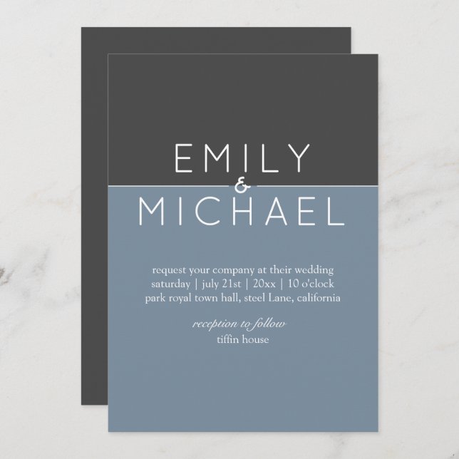 Stålblå Modern bröllopsinbjudan - djärv Inbjudningar (Fram/baksida)