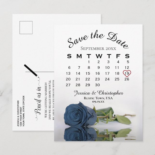 Stålblå Ros Bröllopskalender Save the Date Meddelande Vykort (Fram/baksida)