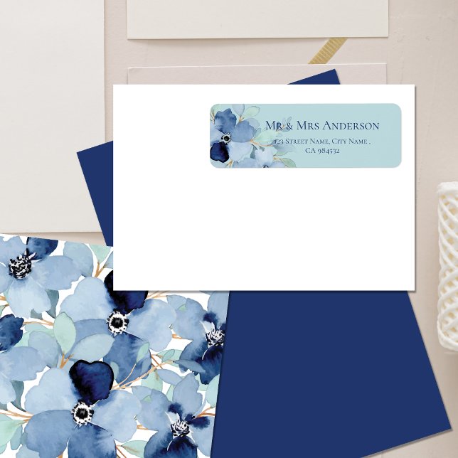 Stale Blue Minimalist Blommigt Bröllop Adress Returadress Etikett (Stale Blue Minimalist Floral Wedding Address Label)
