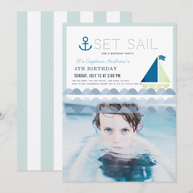 Ställ in segelbåtens blåa Boy Birthday Photo Inbjudningar (Fram/baksida)