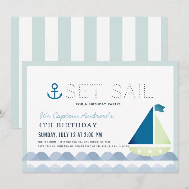 Ställ in segelbåtens Nautical Blue Boy Birthday Inbjudningar (Fram/baksida)