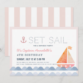 Ställ in segelbåtens nautisk Rosa Girl Birthday Inbjudningar