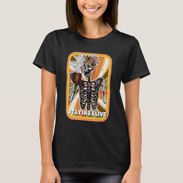 Ställa Alive Skeleton Drink Coffee Funny Skeleton T Shirt (Framsida)